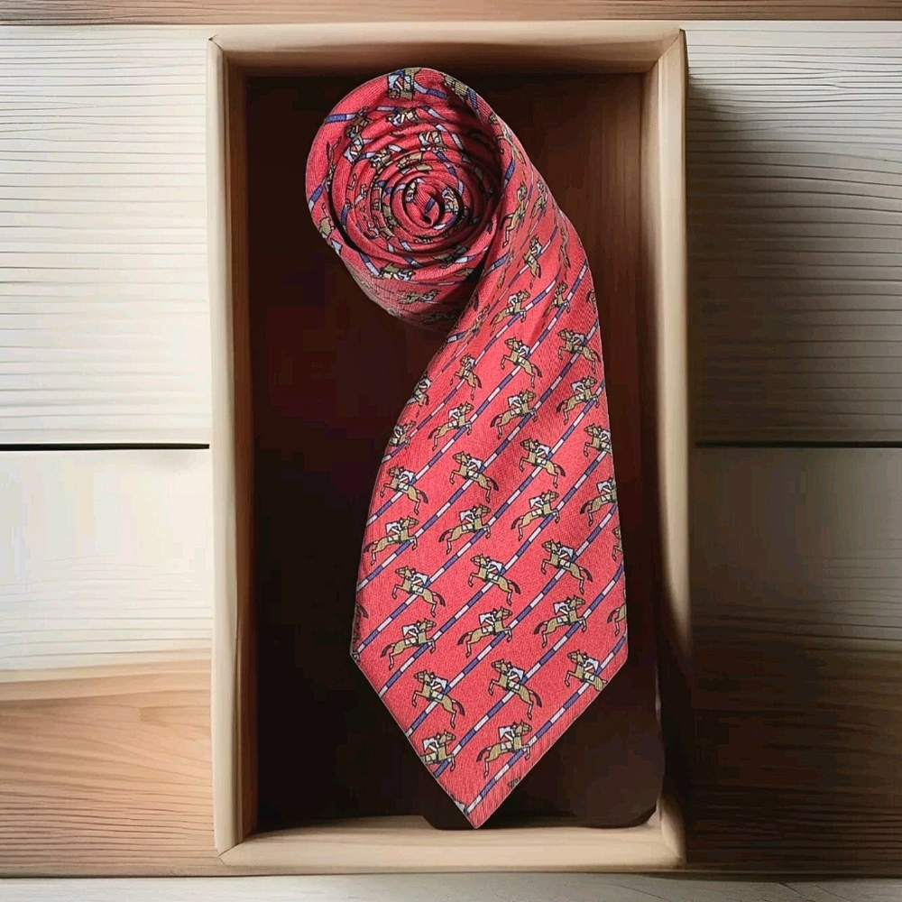Hermes Neck Tie Vintage Equestrian Horse Jockey Red 59" Authentic Silk Luxury